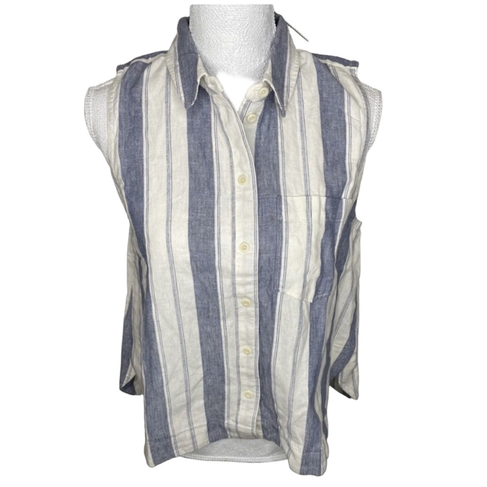 NWT Madewell Sleeveless Linen Button-Down Shirt Size M Blue Striped